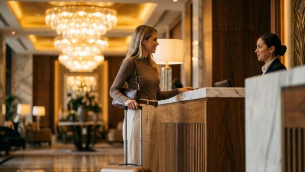 hilton mag checkin Reisende beim Check-in an der Hotelrezeption