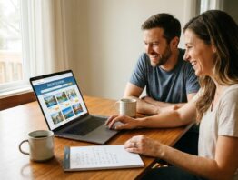 Paar richtet Hilton Points Pooling am Laptop ein und plant Praemiennaechte