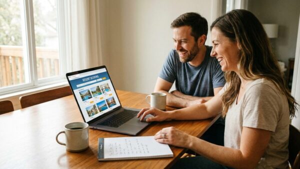 hilton points pooling familie laptop Paar richtet Hilton Points Pooling am Laptop ein und plant Prämiennächte