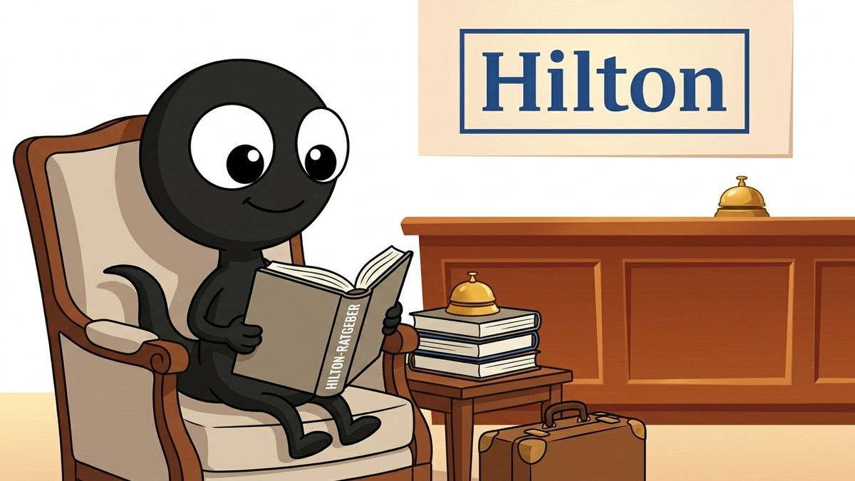 hilton ratgeber monster v2 MonsterDealz Monster liest die Hilton-Ratgeber in einer Hotel-Lobby mit Hilton-Logo