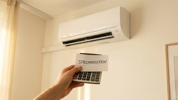Split-Klimaanlage an der Wand mit Taschenrechner für die Stromkosten