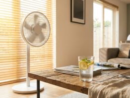 Ventilator kuehlt Wohnzimmer waehrend Hitzewelle Juli 2026