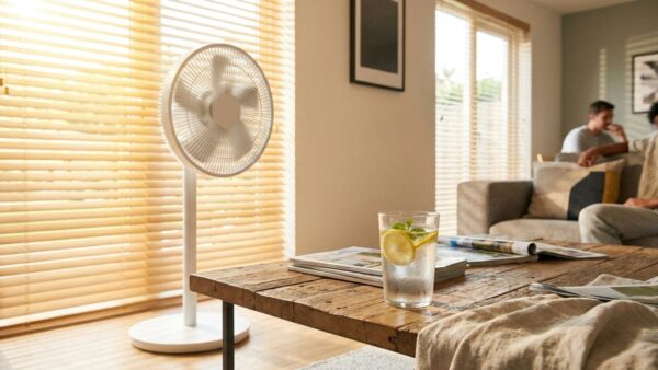 Ventilator kühlt ein Wohnzimmer während der Hitzewelle im Juli 2026