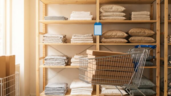 IKEA Family Angebote im Moebelhaus mit blauem Mitglieder-Preisschild am Regal