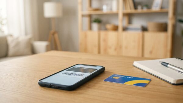 Digitale IKEA Family Karte auf dem Smartphone neben einer Plastik-Kundenkarte
