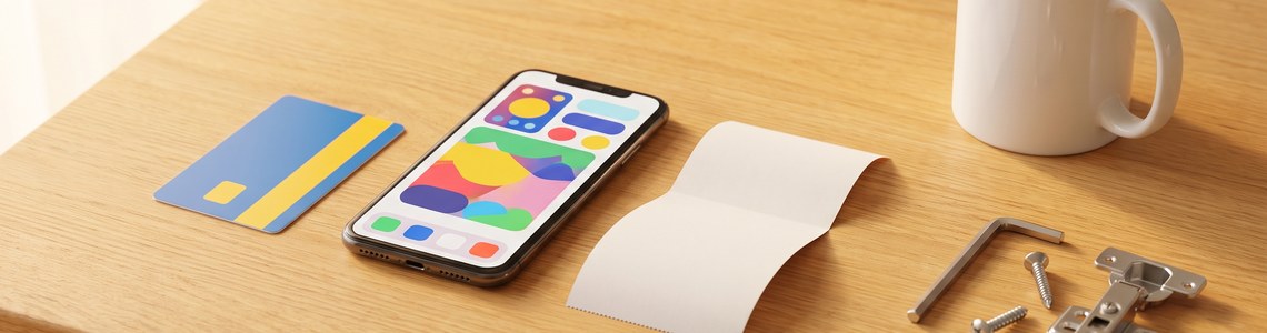 IKEA Family Card Vorteile - Kundenkarte, Smartphone und Kassenbon auf Holztisch