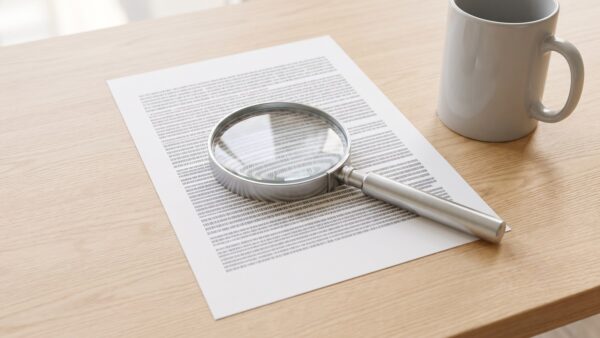 iphone kleingedrucktes Lupe liegt auf einem Vertragsdokument mit kleiner Schrift neben einer Kaffeetasse