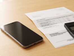 Smartphone neben Mobilfunkrechnung und Taschenrechner auf einem Holztisch