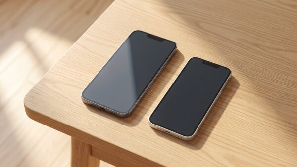 iphone modelle Zwei Smartphones unterschiedlicher Generation liegen nebeneinander auf einem Holztisch