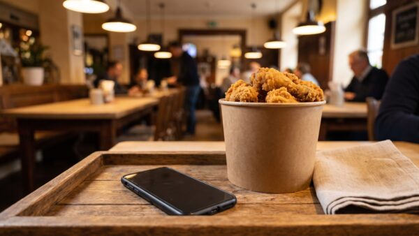 kfc gutscheine 1 KFC Gutscheine in der App auf dem Smartphone neben einem Chicken-Bucket