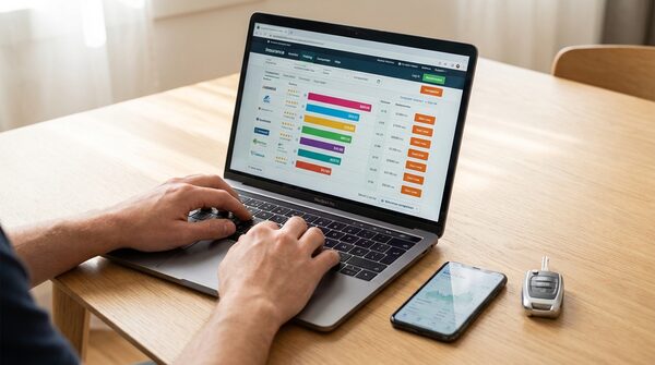 kfz wechseln online 600x335 1 Kfz-Versicherung online wechseln per Tarifvergleich am Laptop