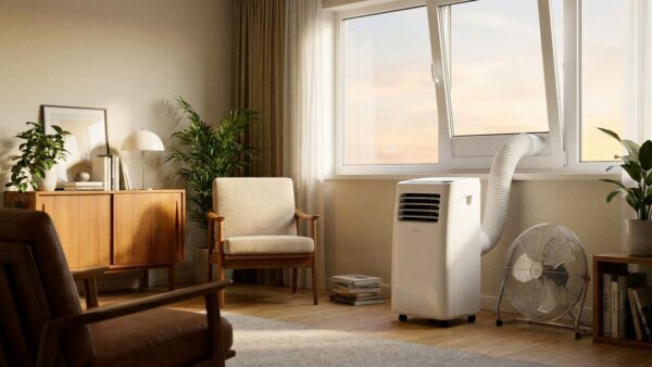 Monoblock-Klimagerät mit Abluftschlauch am Fenster als Alternative zur Midea PortaSplit