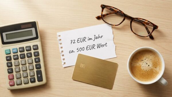 kreditkarten bonus rechnung Taschenrechner und Notizzettel mit Rechnung 72 Euro Jahresgebühr gegen 500 Euro Punktewert