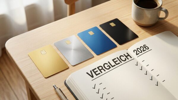 kreditkarten vergleich 2026 Kreditkarten-Vergleich 2026 mit vier Karten und Notizblock