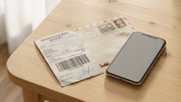 kuendigung vorlage nachweis Einschreiben mit Rückschein als Zugangsnachweis für die Kündigung neben Smartphone mit Screenshot