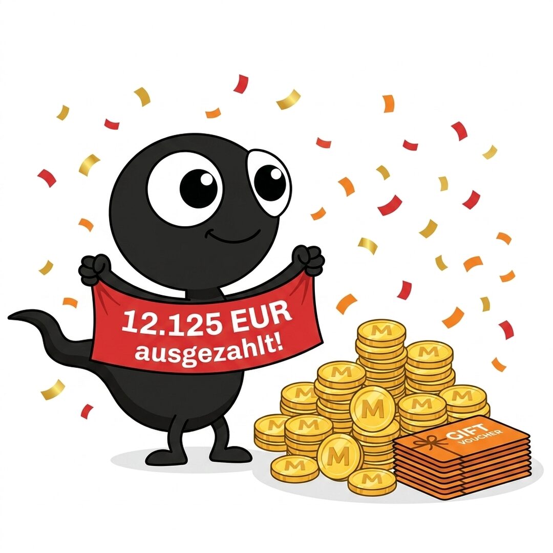 MonsterDealz Maskottchen feiert die M-Coins Bilanz: 12.125 Euro in Amazon-Gutscheinen ausgezahlt