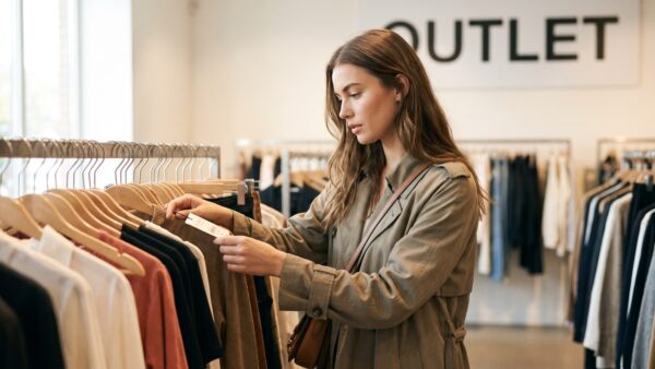 marken outlet Frau prĂŒft im Outlet-Store das Preisschild an Markenkleidung