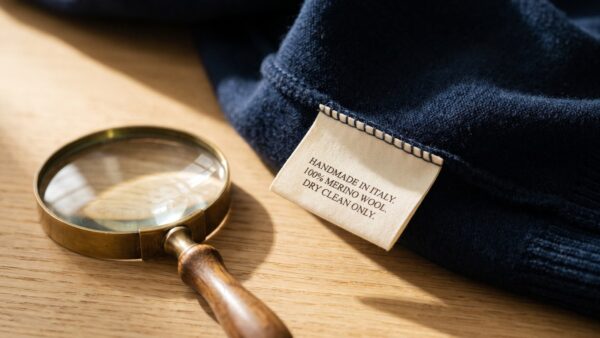 marken qualitaet Naht und Pflegeetikett eines hochwertigen KleidungsstĂŒcks unter der Lupe
