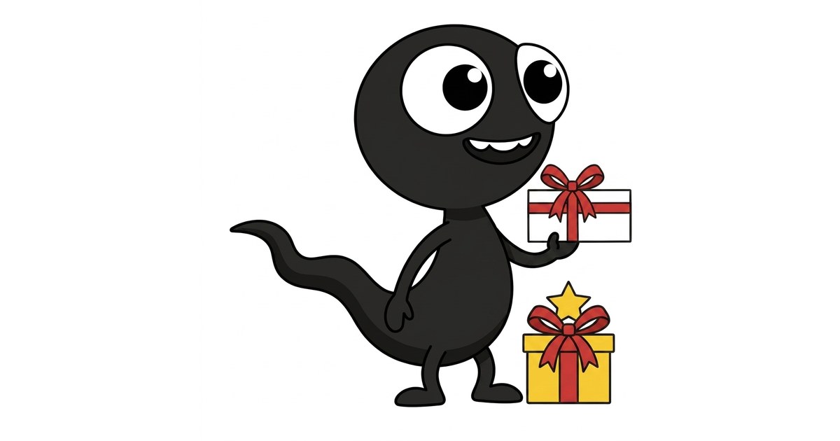 MonsterDealz-Monster hält einen Gutschein mit Schleife neben einem Geschenk – Bonus-Deals