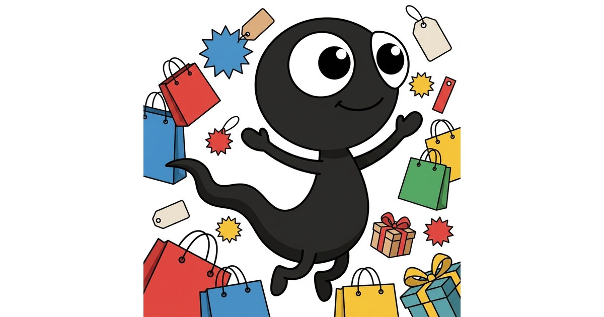 MonsterDealz-Monster umgeben von Einkaufstüten, Geschenken und Rabatt-Etiketten – Deals und Schnäppchen