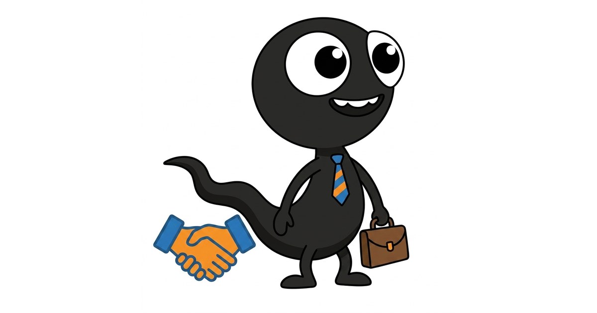 MonsterDealz-Monster mit Krawatte und Aktenkoffer neben Handschlag-Symbol – Für Shops und Partner
