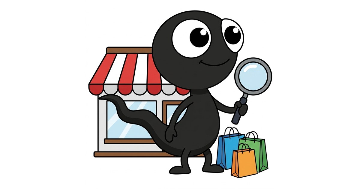 MonsterDealz-Monster mit Lupe und Einkaufstüten vor einem kleinen Shop – Über MonsterDealz