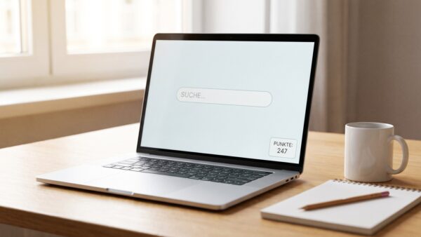 microsoft rewards ueberblick Notebook mit Microsoft-Rewards-Punktestand auf hellem Holztisch