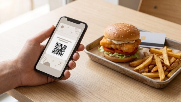 nordsee gutscheine app coupon Smartphone mit digitalem QR-Code-Coupon neben Fisch-Burger â NORDSEE Coupons in der App