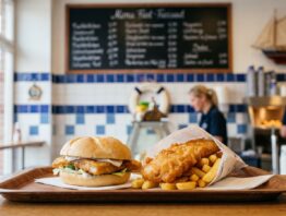 NORDSEE Gutscheine einloesen - Tresen eines Fischrestaurants mit Fischbroetchen und Backfisch