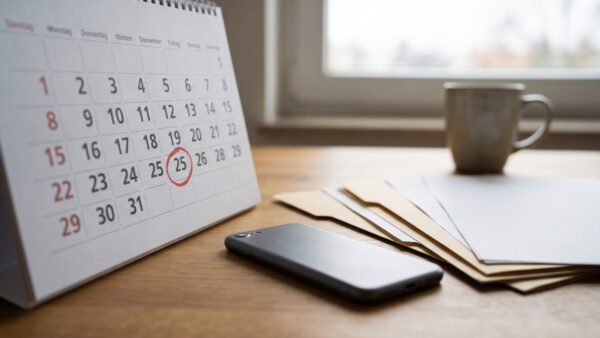 o2 kuendigen 1 o2 kündigen: Kalender mit markierter Kündigungsfrist neben Smartphone und Vertragsunterlagen