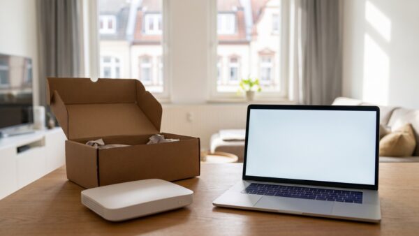o2 kuendigen 3 o2 my Home kündigen: WLAN-Router mit Rücksendekarton und Laptop mit Kündigungsformular