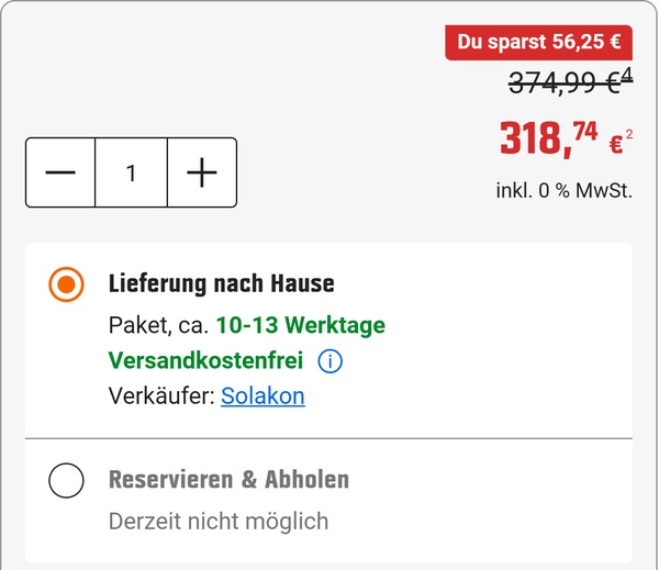 obi preis 2026 07 31 Solakon Balkonkraftwerk 900W mit Balkonhalterung bei OBI fuer 318,74 Euro