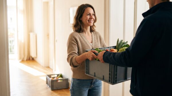 picnic supermarkt erfahrungen Picnic Erfahrungen: Kundin nimmt Lebensmittelkiste an der Wohnungstuer entgegen