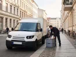 Picnic Supermarkt Lieferung: Elektro-Lieferwagen stellt Lebensmittelkisten in einer Wohnstrasse ab