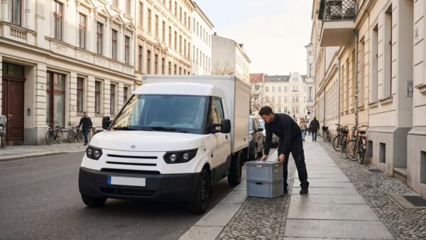 picnic supermarkt lieferung Picnic Supermarkt Lieferung: Elektro-Lieferwagen stellt Lebensmittelkisten in einer Wohnstrasse ab