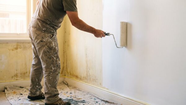 renovieren streichen Wand wird zur Hälfte frisch weiß gestrichen