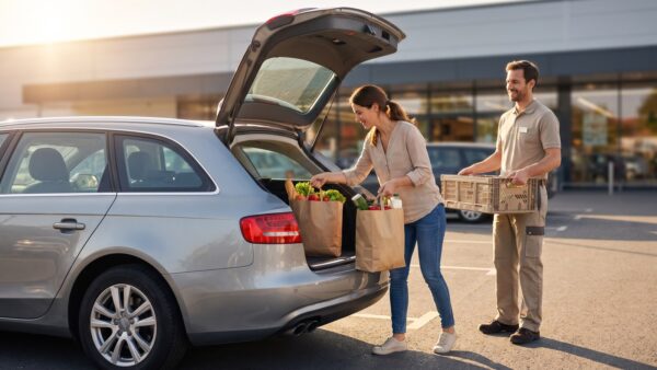 rewe lieferservice abholservice REWE Abholservice: fertig gepackte EinkaufstĂĽten werden am Markt in den Kofferraum geladen