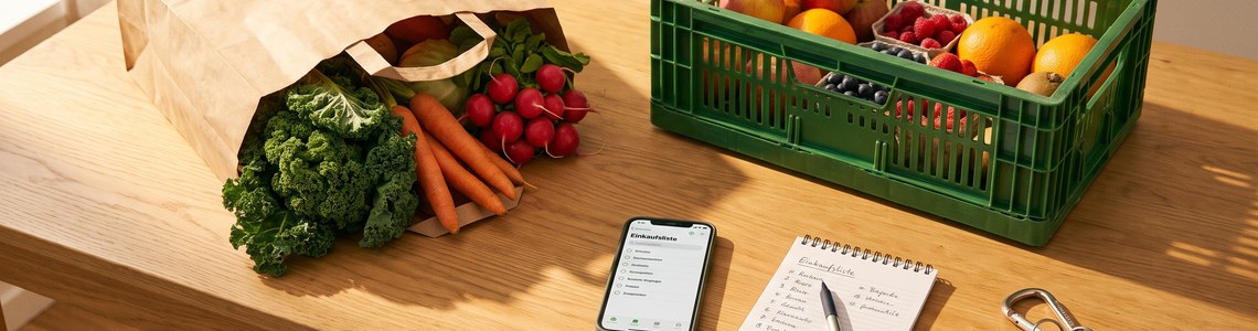 REWE Lieferservice Titelbild mit frischen Lebensmitteln und Einkaufsliste