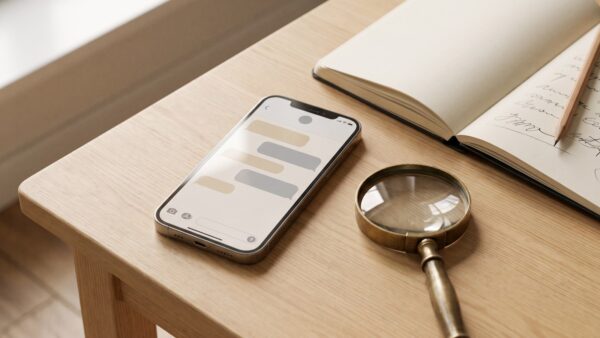 scam chat Smartphone mit neutraler Nachrichten-Oberfläche auf einem Tisch