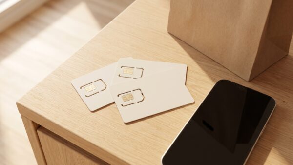 schufa prepaid Prepaid-SIM-Karten und Guthabenkarten auf einem Ladentisch neben einem Smartphone