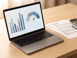 Schreibtisch mit Vertragsunterlagen und Laptop mit Bonitaets-Anzeige