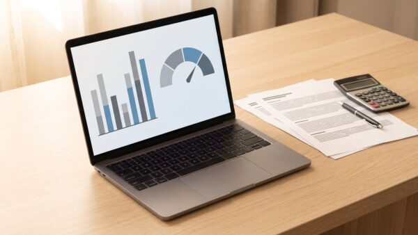 schufa pruefung Schreibtisch mit Vertragsunterlagen, Taschenrechner und Laptop mit Bonitäts-Anzeige