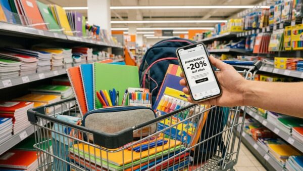 schulstart 2026 wo kaufen Einkaufswagen mit Schulsachen und Coupon-App â Schulbedarf gĂŒnstig kaufen