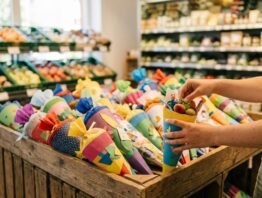 Schultueten auf Aktionstisch im Markt kostenlos befuellen