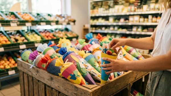 schultuete aktion Schultüten auf einem Aktionstisch im Markt – Schultüte kostenlos befüllen