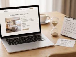 Wie Secret Escapes funktioniert - Laptop mit Hotelangebot und Sanduhr