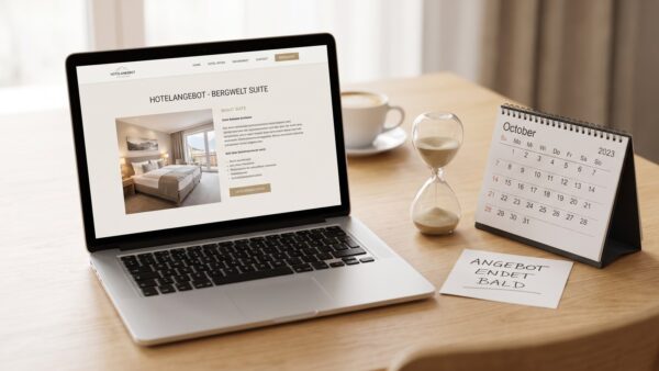 secret escapes erfahrungen funktionsweise Laptop mit Hotelangebot, Sanduhr und Kalender — so funktioniert Secret Escapes