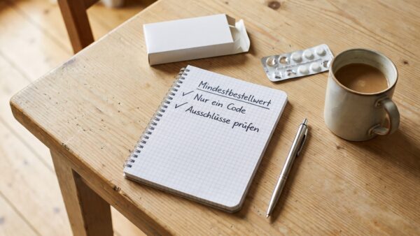 Rabattcode fuer Online-Apotheke am Laptop mit Warenkorb und Notizzettel pruefen