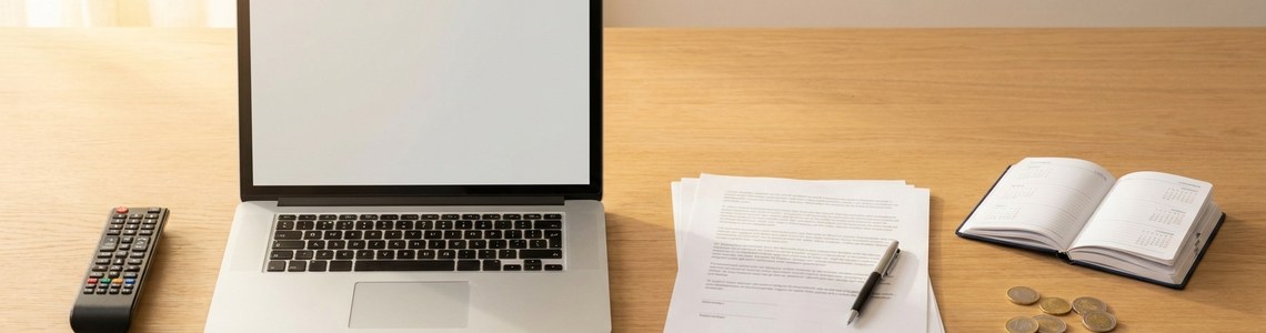 Sky Vertrag kuendigen Fernbedienung Laptop und Vertragsunterlagen