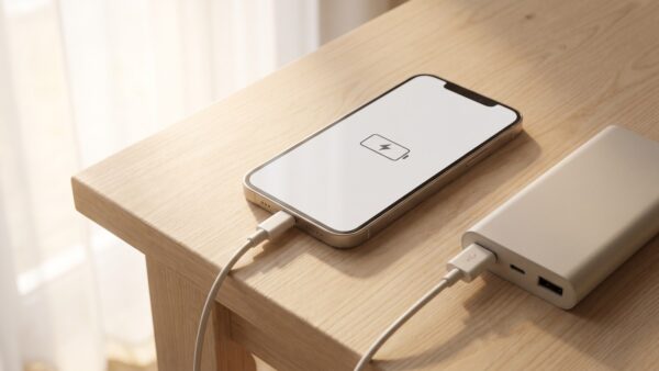 smartphone akku Smartphone lĂ€dt ĂŒber USB-C-Kabel neben einer Powerbank
